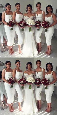 the bridesmaids in white dresses are posing for pictures with their bouquets and flowers