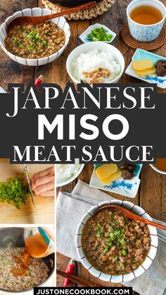 japanese miso meat sauce in bowls with chopsticks and rice on the side