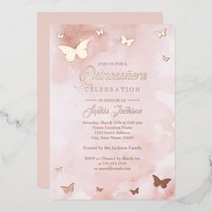 a pink and gold butterfly birthday party card with the words quinceauera celebration on it