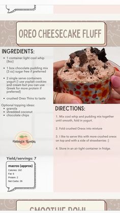 the recipe for oreo cheesecake fluff is shown in this advertment