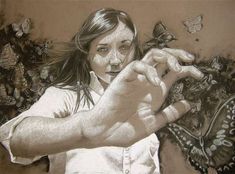 a drawing of a girl holding a butterfly in her hand with butterflies flying around her