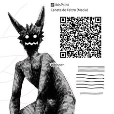 a black and white drawing of a demon sitting on the ground next to a qr code