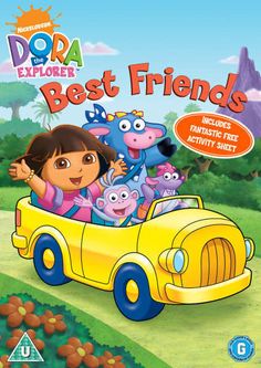 the dvd cover for dora's best friends is shown in front of a yellow car