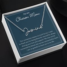 This Chosen Mom Custom Name Necklace is a perfect meaningful gift to give your Stepmom or Bonus Mom. Give her this beautiful necklace to show her how much you appreciate her. This Chosen Mom Gift is ideal for Mother's Day, her birthday, or any special occasion.The message card says it all - "To my Chosen Mom - Our connection means so much to me. I want to thank you for being there for me and for always sharing your love and support. We may not be connected by blood, but we are connected by heart Baptism Necklace, Support Letter, Bonus Mom, Stylish Necklace, Baptism Gifts, Custom Name Necklace, Luxury Boxes, Polished Stainless Steel, Religious Gifts