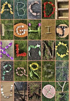 a collage of photos with letters made out of flowers and leaves, including the letter i