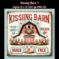 a wooden sign that says kissing barn with pigs and flowers on the front, against a blue background