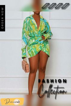 Elegant Printed Turn Down Collar Irregular Ruched Dress Green Draped Spring Dress, Green Draped Mini Dress For Spring, Spring Green Draped Dress, Multicolor Draped Spring Dress, Multicolor Draped Dress For Spring, Trendy Green Asymmetrical Dress, Spring Multicolor Draped Dress, Casual Draped Mini Dress For Spring, Green Draped Beach Dress