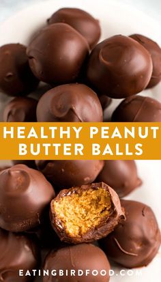 chocolate peanut butter balls on a white plate with the title text overlay reads healthy peanut butter balls