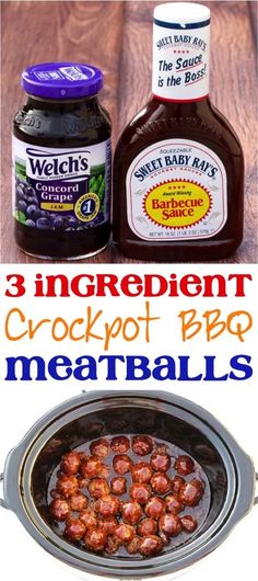 the ingredients for crockpot bbq meatballs are shown