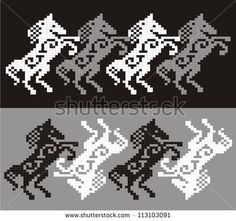 pixel style horse and rider silhouettes in black and white, each with different colors