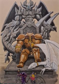 a drawing of a giant dragon sitting on top of a bench next to a statue