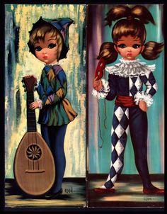 two paintings of children dressed in costumes and holding musical instruments, one girl with long hair