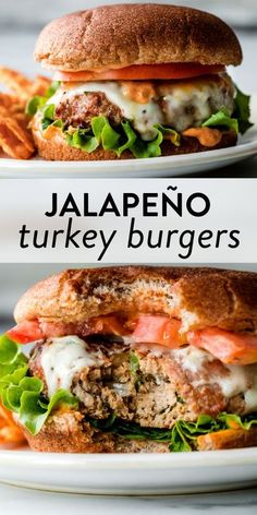 two plates filled with different types of food and the words jalapeno turkey burgers