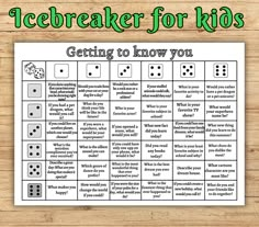 a printable icebreakerer for kids game with dices and words on it