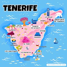 an illustrated map of tenerife with the main towns and beaches in spanish language