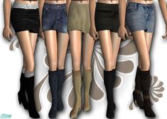 five women in short skirts and knee high socks, all wearing different styles of boots