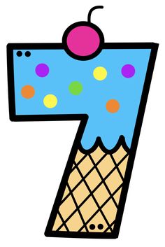 the number seven has an ice cream cone with a cherry on top and polka dots all over it