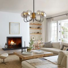 a living room filled with furniture and a fire place in the middle of the room