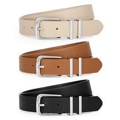 PRICES MAY VARY. Reliable Material: The business casual leather belt is made of faux leather, which more soft and comfortable to wear. The buckle is made of zinc alloy, solid and durable. You will receive 3 belts in different colors. Trendy Buckle: Stylish high-end gold buckle belt with two practical metal belt loops. This casual dress belt for women is a must-have for any millennial wardrobe! We also have silver buckle belts available! Versatile Belt: The 3 Pack Women Leather Belt offers versat Must Have Belts For Women, Trendy Belts For Women, Leather Dress Fashion, Gold Buckle Belt, Trendy Belts, Belt With Gold Buckle, Casual Leather Belt, Belt For Women, Dress Belt