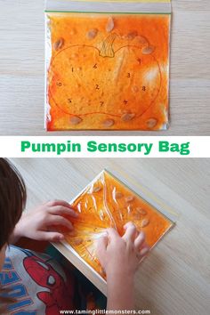 a child is painting an orange pumpkin on a piece of paper with the words pumpkin sensory bag