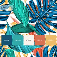 the color scheme is blue, orange and green with tropical leaves on white background in shades of