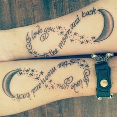 two wrist tattoos with the words i love you to the moon and back