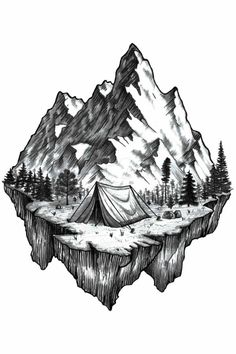 a drawing of a tent in the mountains