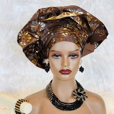 Get ready to make a statement with the African Traditional Hat Gele, a must-have accessory for any fashion-forward individual. Handmade with care, this pre-tied and ready-to-wear hat is available in multiple colors to match any outfit.  Whether you're attending a wedding, as the bride, bridesmaid, mother of the bride, or simply as a guest, this hat will add an extra touch of elegance and style to your look.  So why wait? Add some African flair to your wardrobe today with the African Traditional Hat Gele! Trendy Adjustable Bonnet, Adjustable Brown Turban Headband, Adjustable Brown Turban, Elegant Beach Headwrap, Adjustable Brown Headwrap Headband, Adjustable Brown Headband Wrap, Chic Adjustable Turban Headband, Adjustable Trendy Bonnet One Size, Adjustable One Size Bonnet For Summer