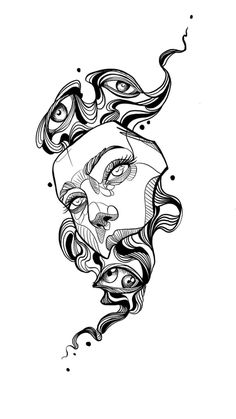 a black and white drawing of a woman's face with swirls on it