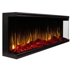 an electric fireplace with red rocks and flames