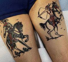 two men with tattoos on their legs, one is riding a horse and the other is holding an arrow