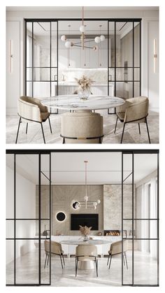 two pictures of a dining room with chairs and a table in front of the glass wall