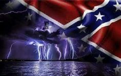 the flag of the united states with lightning in the sky and water below it,