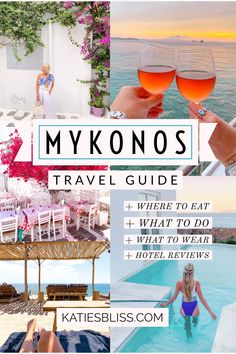 a collage of photos with the words, mykonos travel guide and images