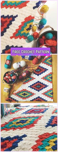 three pictures showing different types of crocheted rugs with text overlay that says free crochet pattern