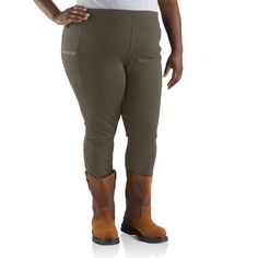 Women's lightweight leggings that are both sweat-wicking and built to move. A comfortable essential done the Carhartt way. These women's mid-rise leggings give you the ultimate mix of flex and durability. They're made from lightweight fabric that wicks sweat and fights odor. Designed with extra stretch between the legs, the tights give you the range of motion you need when climbing ladders, riding horses, or crawling under the sink to fix a pipe. Features 8.5-ounce, 95% nylon / 5% spandex ponte Carhartt Leggings, Carhartt Womens, Carhartt Pants, Carhartt Women, Green Leggings, Pocket Leggings, Range Of Motion, Workout Pants, Black Leggings