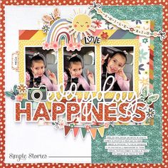 a scrapbook page with three photos and the words happy happiness on it, in front of a white background