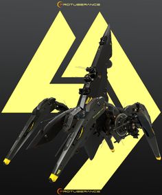 an image of a sci - fi fighter jet in flight with yellow and black background