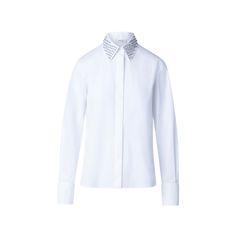 Akris punto cotton poplin button-front blouse features crystal and studded embellishments at the collar  Spread collar  Concealed button front  Long sleeves Elongated back  Mid-length  Relaxed fit  Cotton Made in Romania White Blouse With Embellished Collar For Work, Embellished Collar Button-up Tops For Work, Classic Embellished Collar Tops For Workwear, Classic Workwear Tops With Embellished Collar, Button-up Tops With Embellished Collar For Work, Classic Tops With Embellished Collar For Workwear, Collared Blouse With Embellished Collar For Work, Elegant Workwear Shirt With Embellished Collar, Collared Tops With Embellished Collar For Work