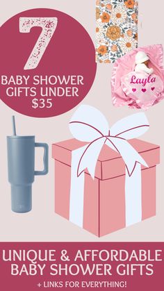 baby shower gifts under $ 35 including a pink gift box, coffee mug and other items