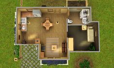 an aerial view of a small house in the middle of a yard with a patio