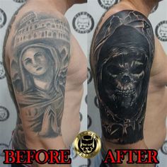 before and after photos of a man's arm with tattoos done by professional tattoo artist