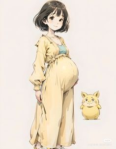 a pregnant woman standing next to a pokemon pikachu