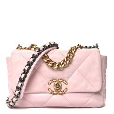 This is an authentic CHANEL Lambskin Quilted Medium Chanel 19 Flap in Light Pink.This stylish shoulder bag is crafted of diamond quilted leather in pink. The refined bag features a Chanel CC embellishment on the flap and a leather threaded aged gold and ruthenium chain link shoulder strap with a leather shoulder pad. The front flap opens to a matching fabric interior with a zipper pocket. High-end Pink Leather Shoulder Bag, Pink Leather Bag With Cc Turnlock Closure, High-end Pink Shoulder Bag With Detachable Strap, Pink Leather Shoulder Bag With Cc Turnlock Closure, High-end Pink Crossbody Shoulder Bag, Pink Shoulder Bag With Cc Turnlock Closure, Pink Quilted Leather Bag, Pink Evening Shoulder Bag With Cc Turnlock, Pink Evening Shoulder Bag With Cc Turnlock Closure