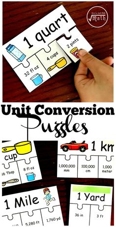 a hand holding a piece of paper with the words unit conversation puzzles on it