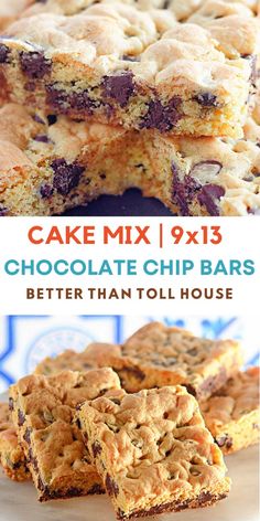 chocolate chip bars cut in half and stacked on top of each other with the words cake mix 9x13