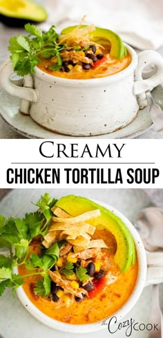 this creamy chicken tortilla soup is loaded with black beans, avocado and cilantro