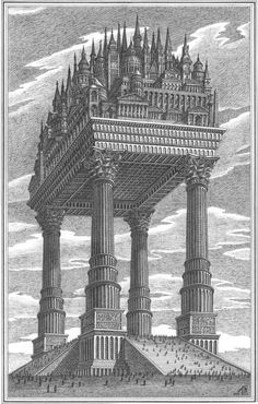 an image of a very tall structure with many pillars on it's sides and people standing in front of it