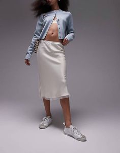 Topshop Over Knee Length Bias Cut Skirt with lace trim in ivory  | ASOS White Midi Skirt With Lace Trim, White Lace Trim Midi Skirt, Skirt With Lace Trim, Skirt With Lace, Bias Cut Skirt, Winter Party Dress, Summer 24, Long Sleeve Floral Dress, Satin Slip Dress