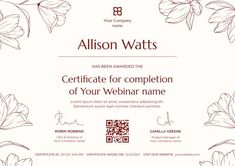 a certificate for completion of a webinar name with flowers and leaves on it